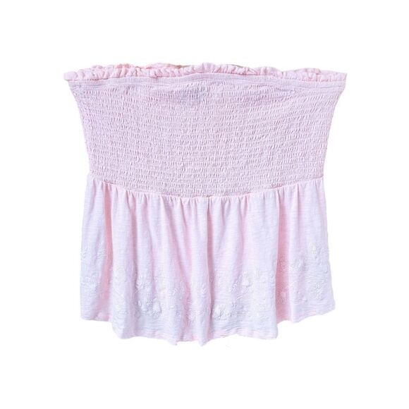 TORRID Plus Size Pink Cotton Strapless Smocked Bodice Embroidered Top 1X - Picture 2 of 14